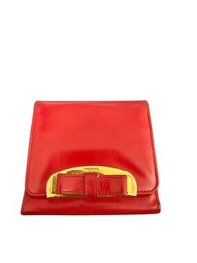 PRADA red leather gold ribbon tri-fold wallet